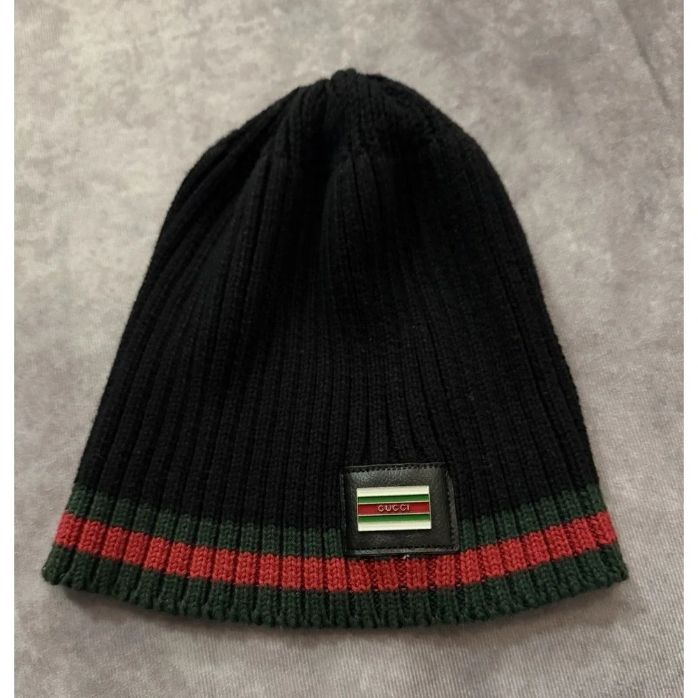 Gucci Men's Black Red/Green Striped Knit Beanie Hat, One Size